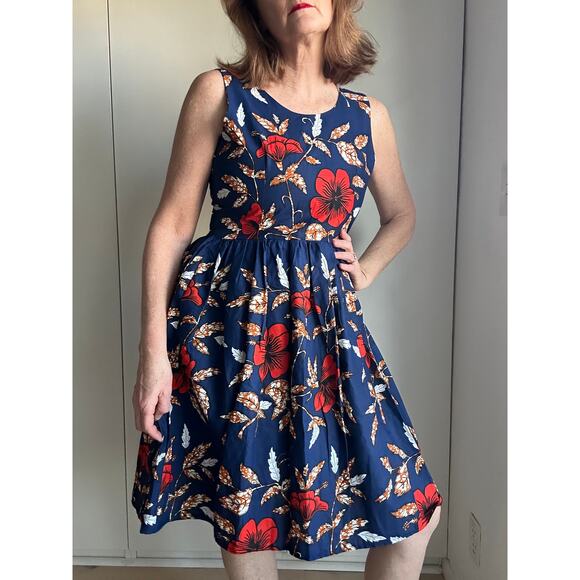 Vintage Handmade Dress Hawaiian hibiscus Print Knee Length Size Small Blue Red - Picture 9 of 9